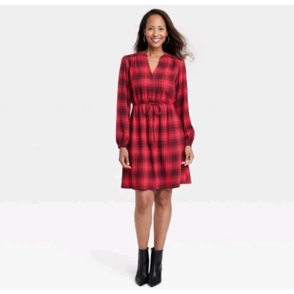 Knox Rose Red Plaid A-line Long sleeve Dress Size Small
